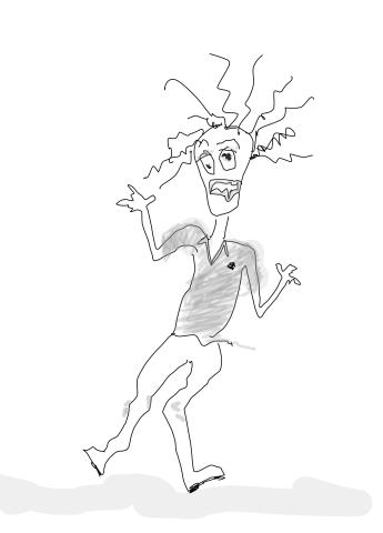 Silly illustration in line art/cartoon style of a zombie wearing a polo shirt and waving its arms