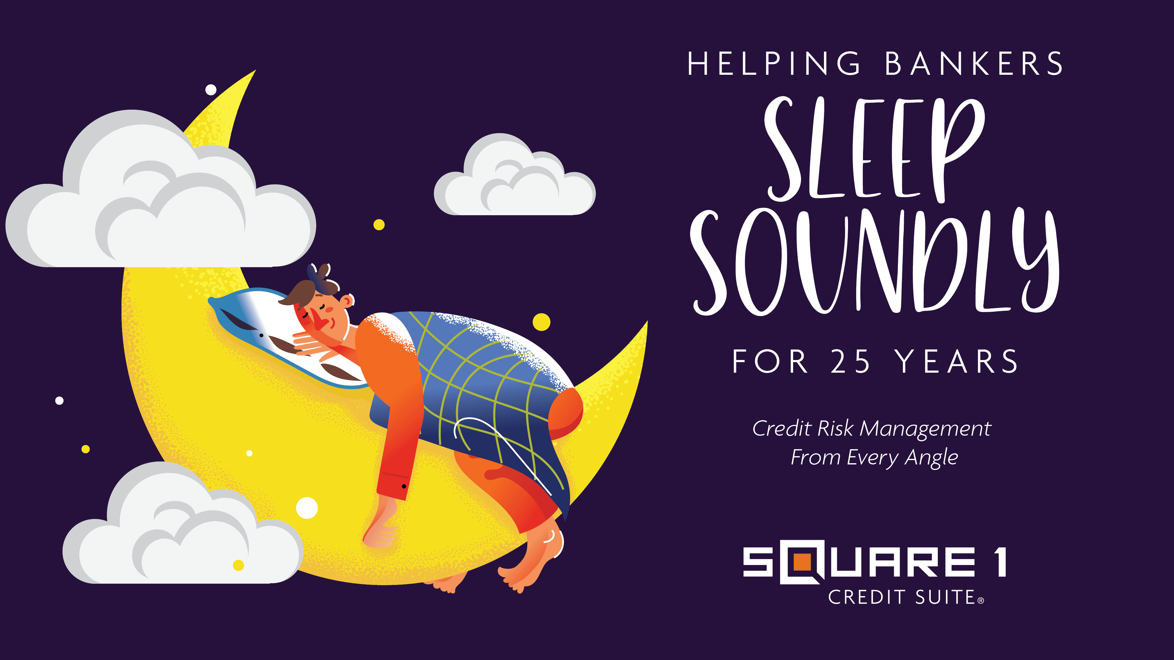 image of man sleeping on a crescent moon, Helping Bankers Sleep Sounds for 25 Years, Credit Risk Management from Every Angle, Square 1 Credit Suite